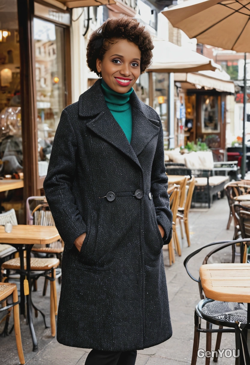 in a wool coat, standing by a cozy outdoor café