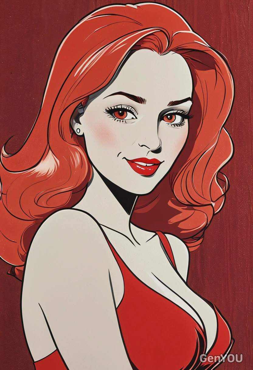 Hand-drawn flat cartoon style, disney 30s cartoon, Jessica Rabbit from Who Framed Roger Rabbit, red hair, thin outlines, oversized eyes, sultry red spotlight lighting, waist-up portrait, vintage jazz club background