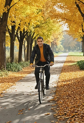 riding a vintage bicycle down a path lined with orange and yellow trees