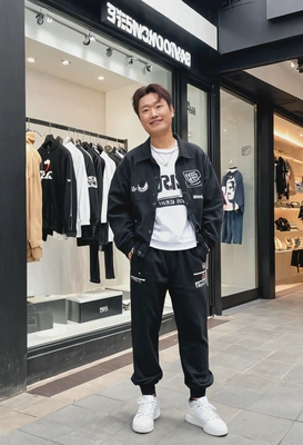 as a K-pop fashion enthusiast, wearing a K-pop idol-inspired streetwear outfit, standing in front of a trendy fashion boutique in Seoul