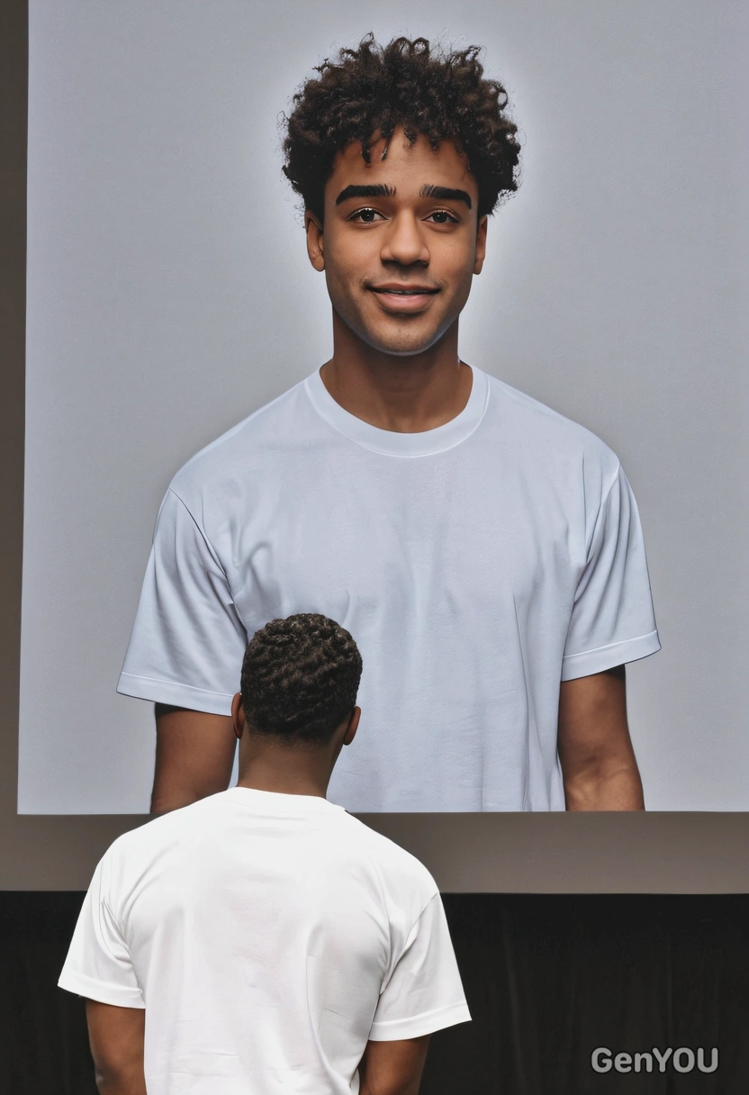 on stage, giving presentation, big screen with images, white t-shirt