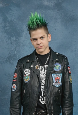 as a 90s punk rocker with a green mohawk, leather jacket, and band patches, standing nonchalantly against a blue yearbook backdrop 