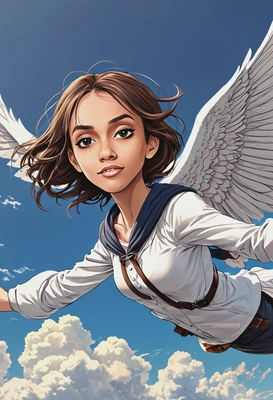 soaring through the sky, anime style, big eyes, manga drawing