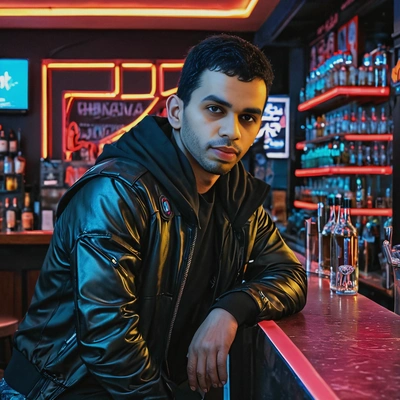 leaning against a neon-lit bar counter, in cyberpunk clothes
