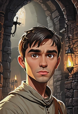 Hand-drawn flat cartoon style, Taran from The Black Cauldron, oversized cartoon eyes, torchlight lighting, waist-up portrait, ancient dungeon background