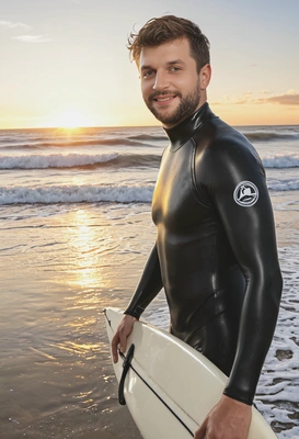 Surfer silhouette at sunset, ocean horizon