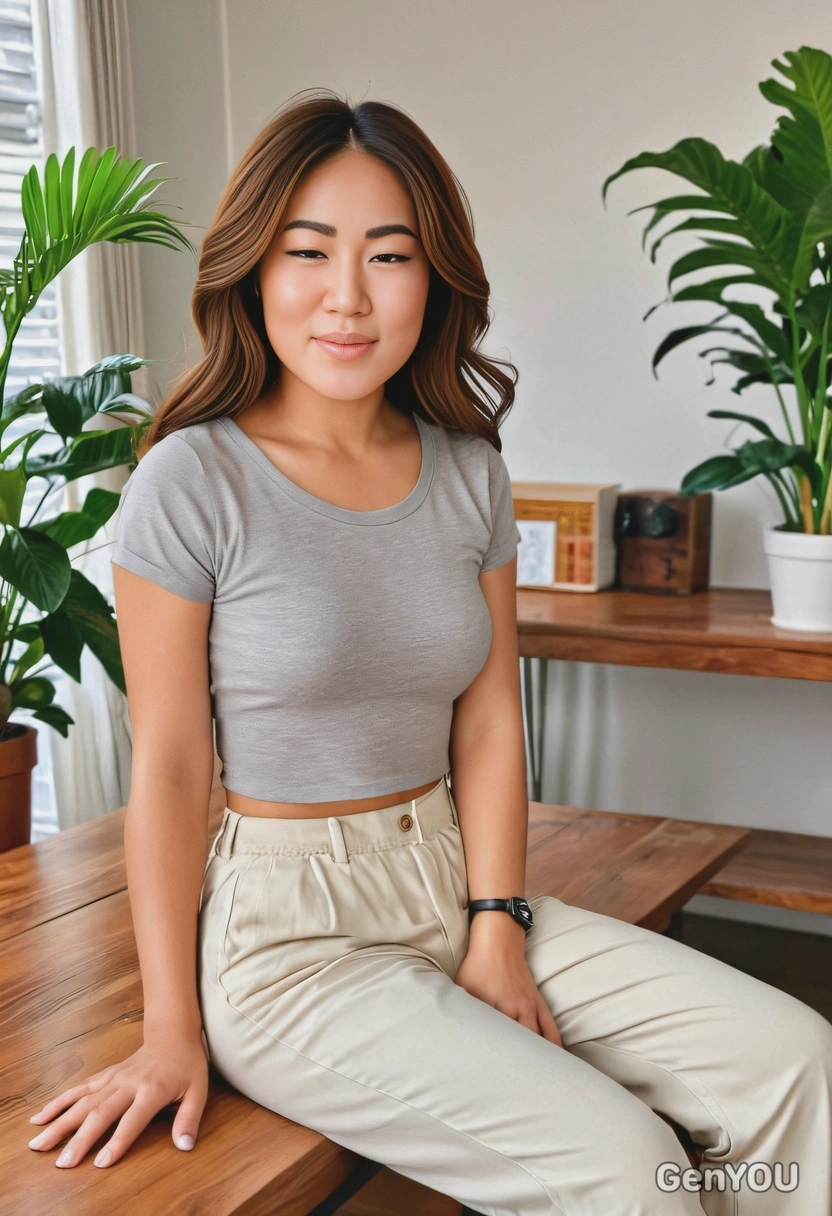 a cozy minimalist, mid-body portrait, sitting at a wooden table in a bright modern room, wearing a light grey cropped t-shirt and cream high-waisted pants, natural wavy dark hair, closed soft smile, golden midday indoor lighting, iPhone camera quality, sharp focus on the face, blurred indoor plants in the background, cinematic look