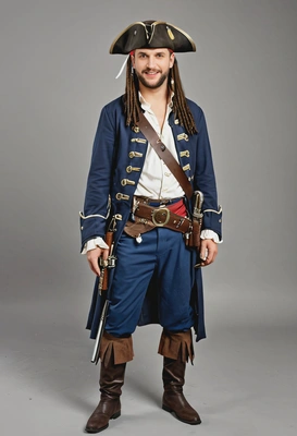 dressed as captain Jack Sparrow with a musket, at costume party, full body image, party background