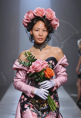 as a fashion model, catwalk, runway, fantasy rose-inspired costume, thick wavy hair, holding a bouquet, gloves, relaxed dynamic pose, blurred background, symmetrical details, extravagant