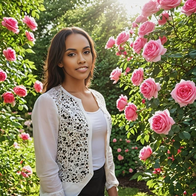 a woman standing in a garden full of blooming roses, with soft sunlight filtering through the leaves