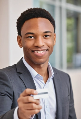 a businessperson, exchanging business cards with a smile, blurred background