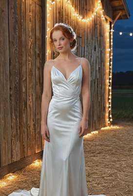 as a bride in a minimalist satin gown, standing by a rustic barn decorated with string lights, mid shot photo