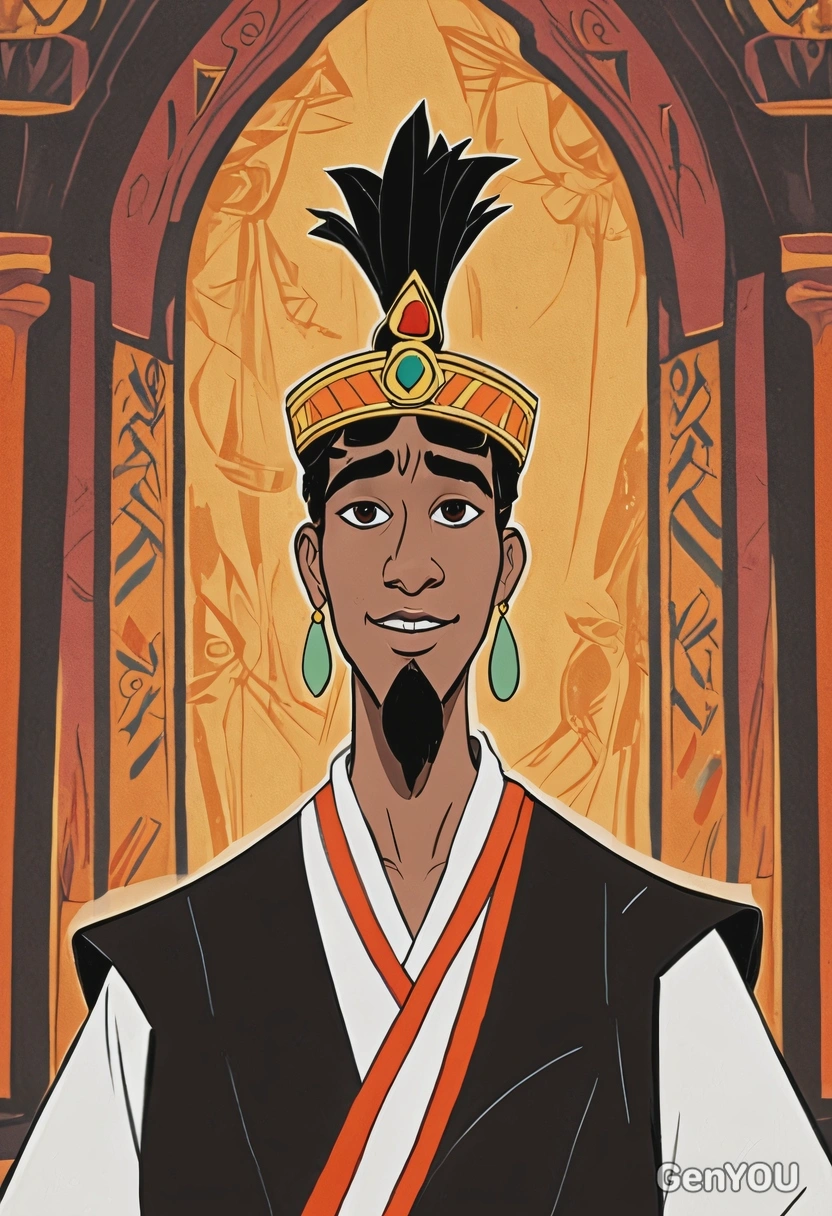 Hand-drawn flat cartoon style, Kuzco from Emperor's New Groove, sharp outlines, bright palace lighting, waist-up portrait, throne room background
