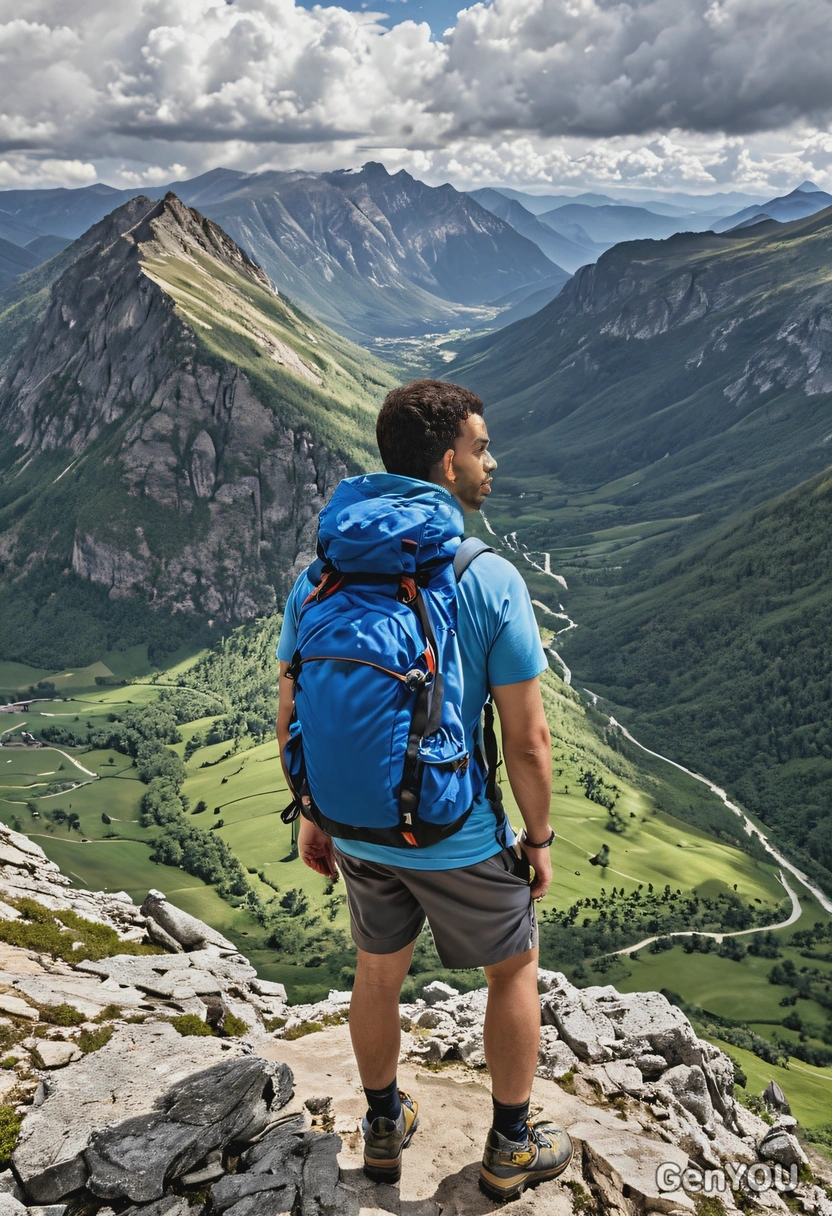as a man, on top of a mountain, wearing hiking gear, with a panoramic view of the valley and clouds below