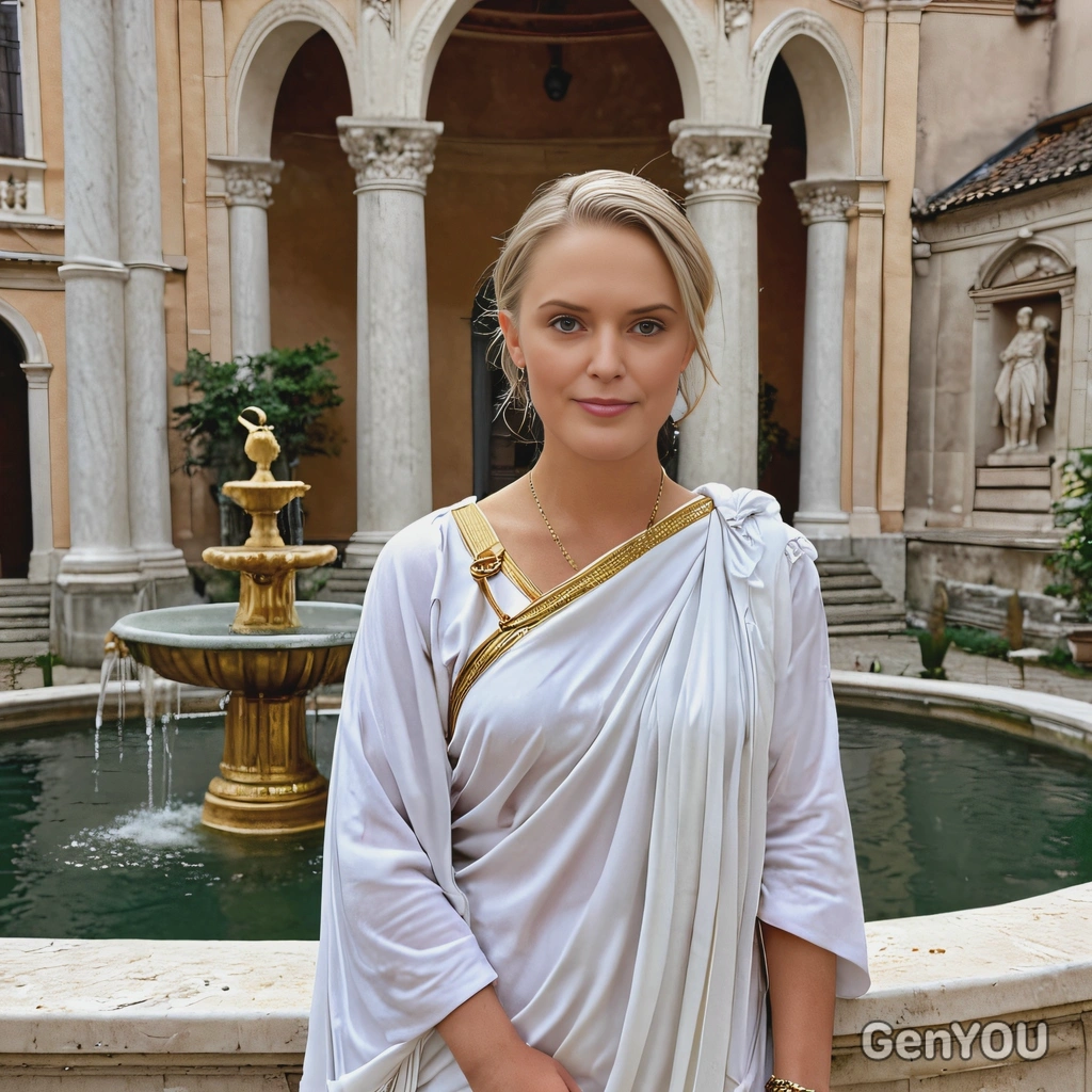 as an Ancient Roman noblewoman, dressed in a white toga with gold accents, standing gracefully beside a marble fountain in a Roman courtyard