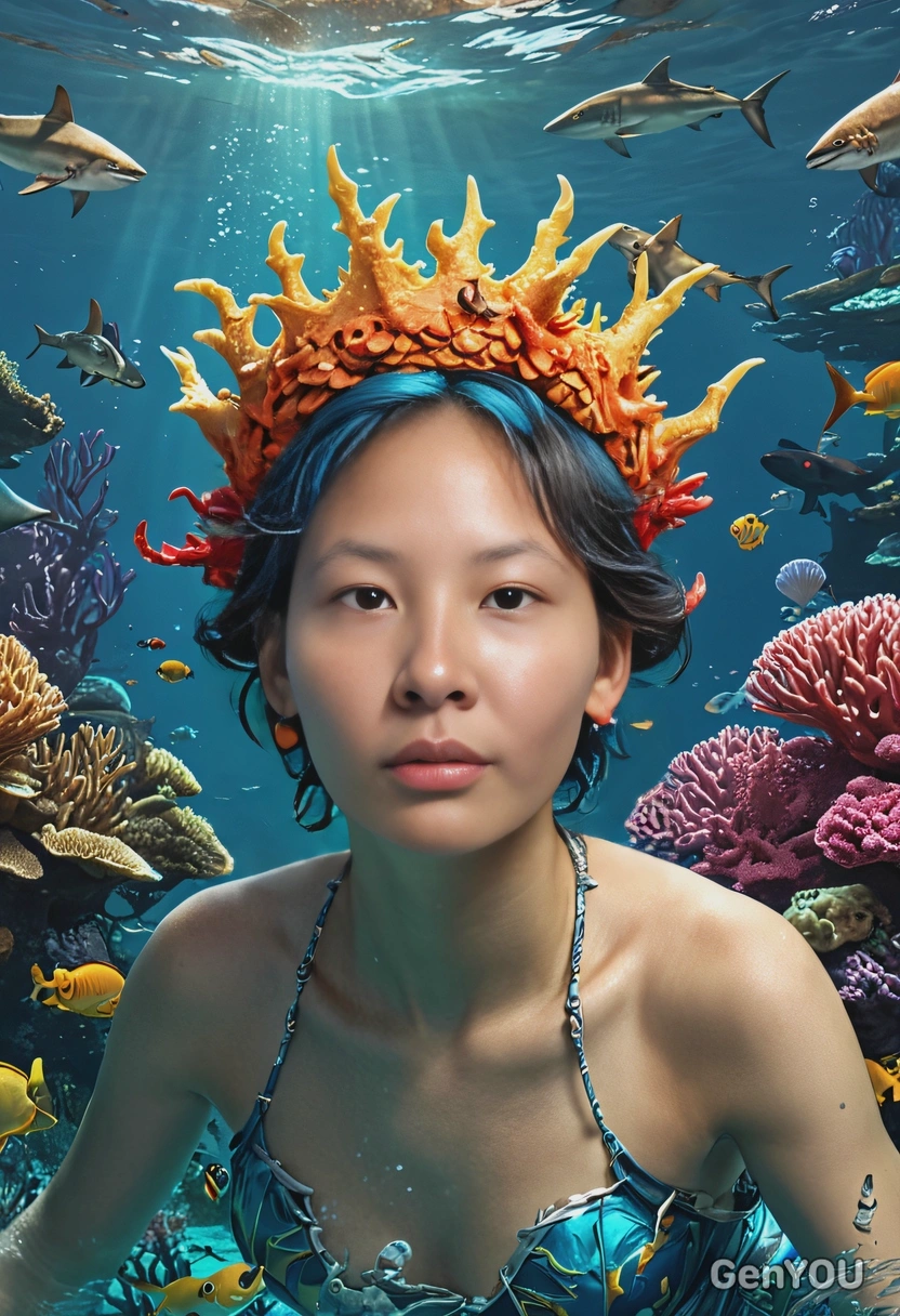 As a ruler of sea creatures, swimming under water, corals, sharks around, wearing a small fragile crown, eyes on you, smiling, vivid colors, symmetrical clothing details, video game style, high-quality stylized art