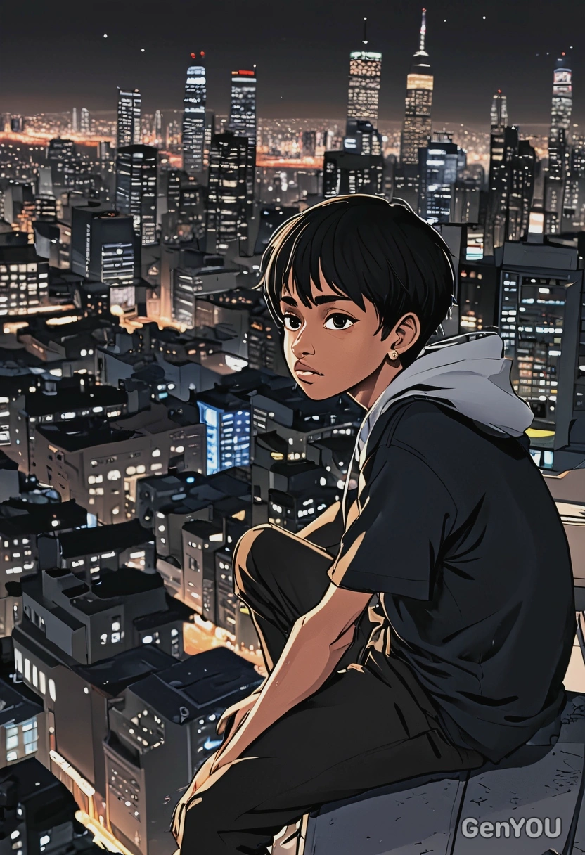 sitting on a rooftop at night, looking down at the city, anime, big eyes, manga drawing