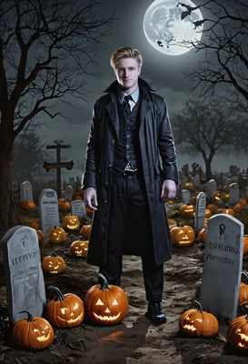 Cryptid caretaker, a grave-keeper or undertaker for monsters at a Halloween party, eyes on you, dark moon lighting, spooky pumpkins on the ground