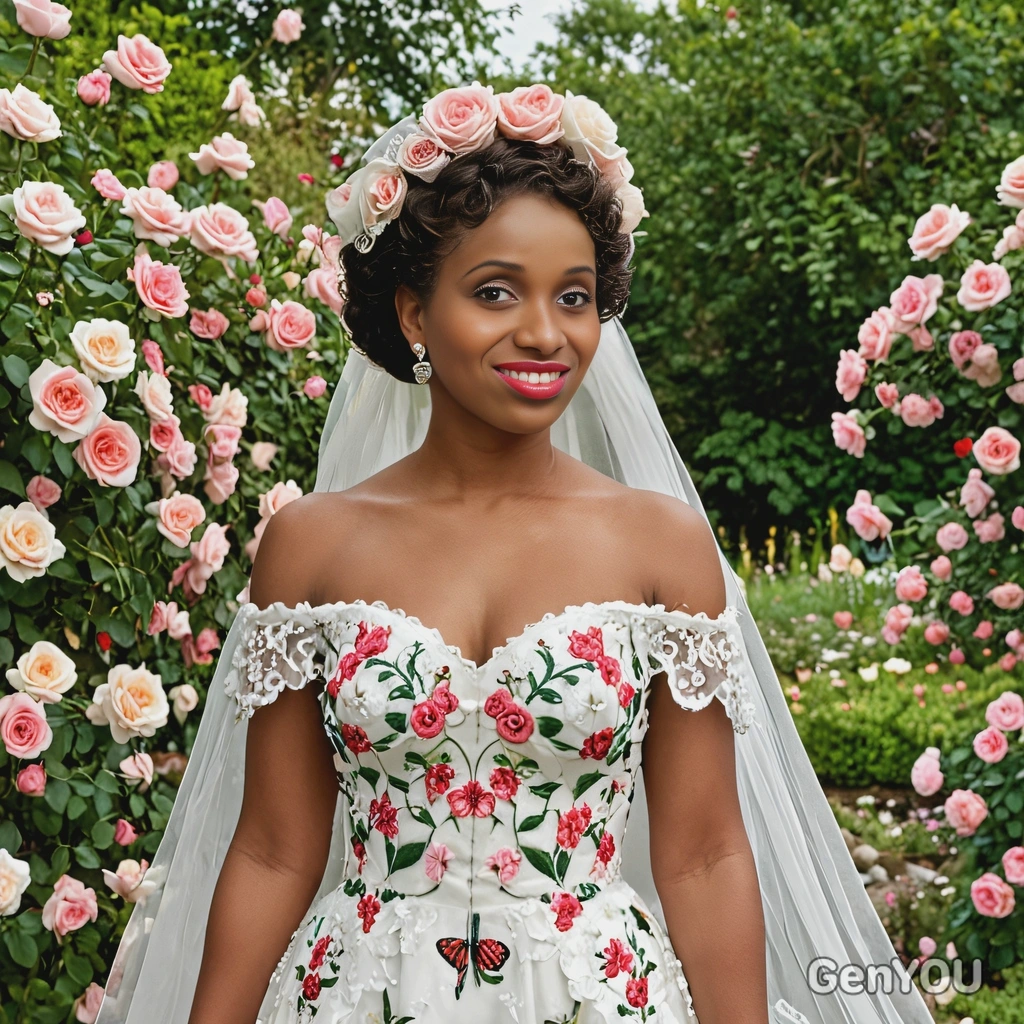 as a bride in a floral embroidered gown, standing in a garden full of blooming roses and butterflies