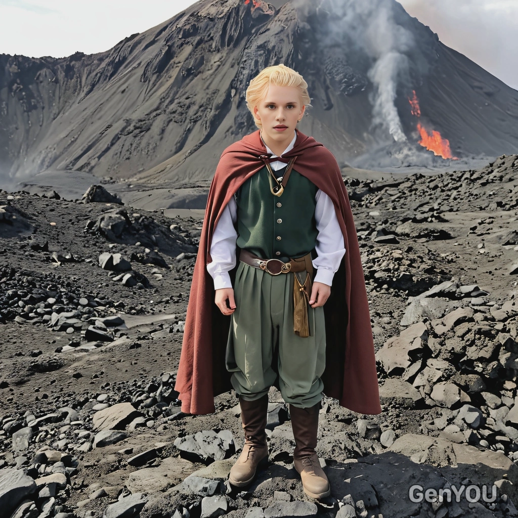 as Frodo Baggins from The Lord of the Rings, dressed in his simple hobbit attire with a cloak and the One Ring, standing on the slopes of Mount Doom with lava flowing