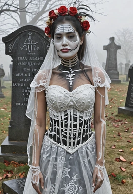as a skeleton bride with intricate face paint, wearing a tattered wedding gown, standing in a misty graveyard with crooked tombstones