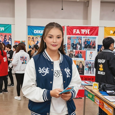 as a K-pop fan club event organizer, wearing a fan club jacket and holding a clipboard, standing in a brightly decorated event hall with K-pop posters and merch tables