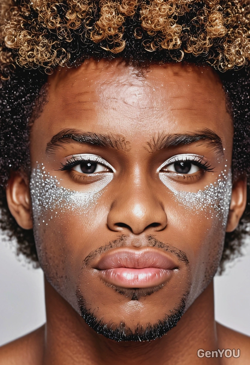 makeup with glitter, sparkling and glamorous look, afro hair
