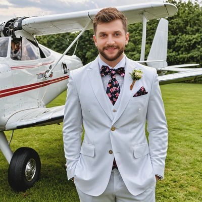 As a groom in a double-breasted suit with a floral tie, standing beside a vintage plane at an aviation-themed wedding