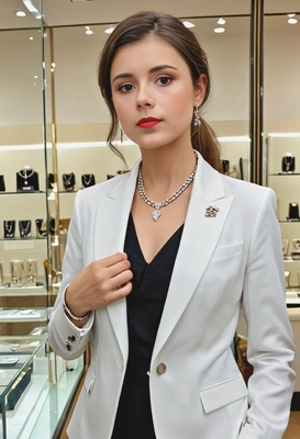 in a luxury jewelry store, wearing fancy suit