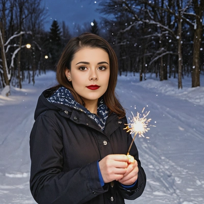 holding a sparkler on a snowy evening 