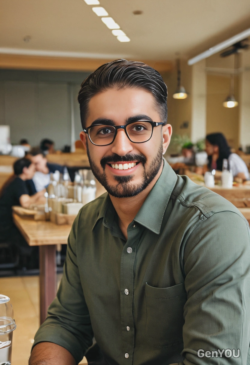 having lunch in a corporate cafeteria, smiling, warm tones, blurred background, eyes on you, cute, fashionable eyeglasses, kinfolk style