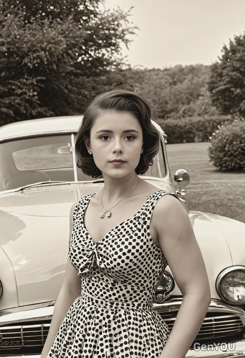 in a 1950s polka dot dress, standing next to a vintage car, sepia tones