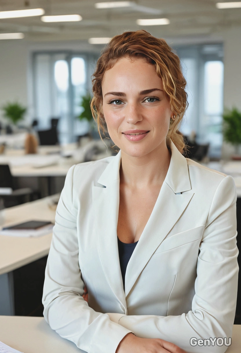 neat business suit, sitting at the office desk, serious look, blurry open-space office background, sharp high-quality, soft shadows