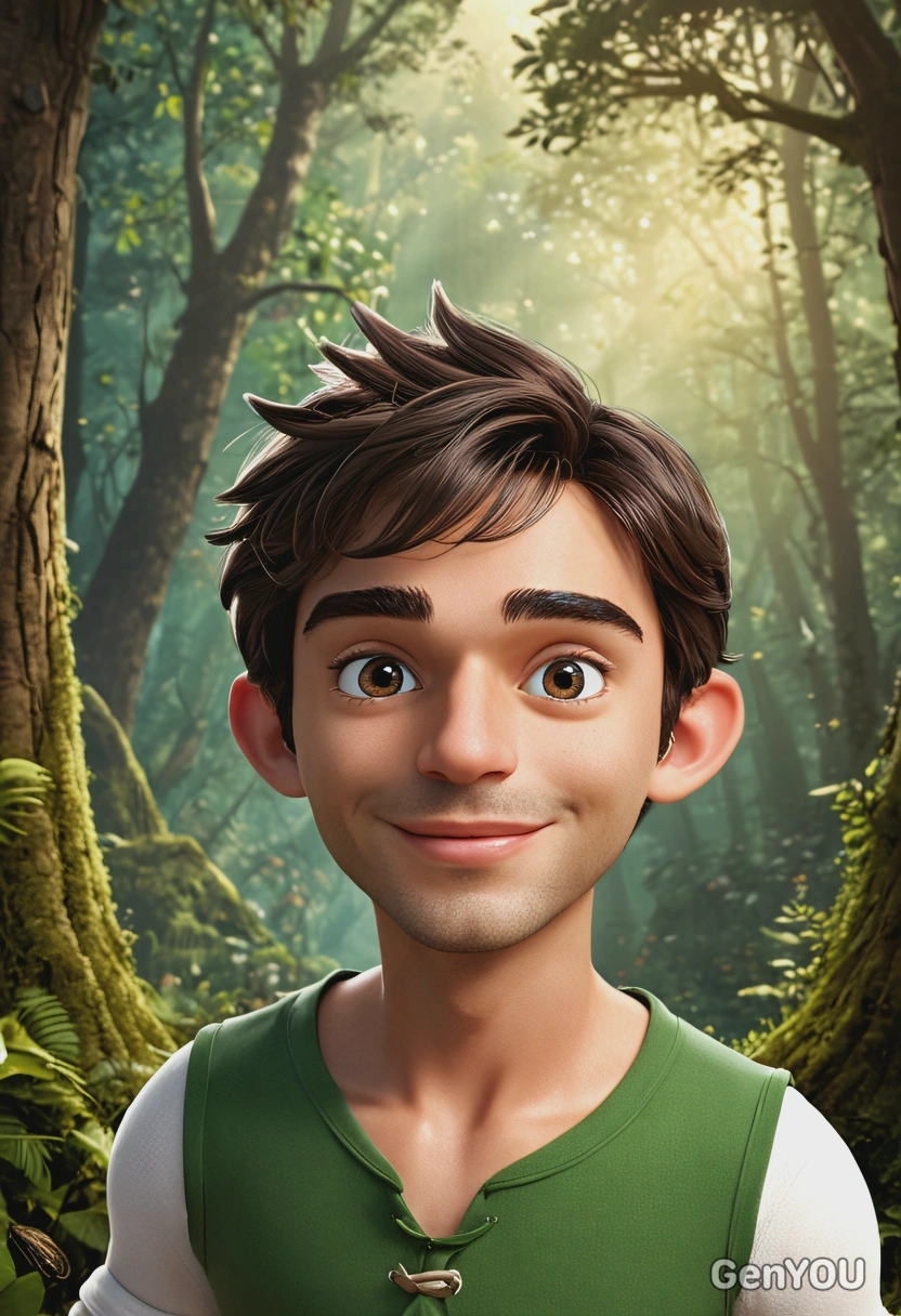 3D Disney style, flying Peter Pan from Disney’s "Peter Pan," oversized cartoon big sparkling eyes, waist-up portrait, magic forest background