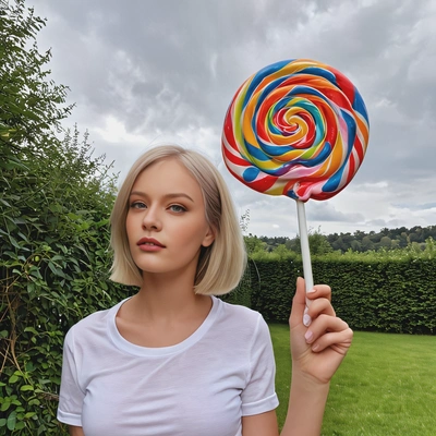 holding a giant lollipop that’s bigger than me, staring into the distance