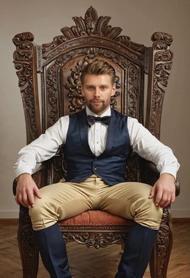 in  extravagant outfit, huge wooden chair, weird pose, symmetrical details, soft lighing