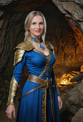 as Keira Metz from The Witcher 3, dressed in her elegant blue and gold sorceress gown, standing in a darkened cave with magical runes glowing around her, half-body view