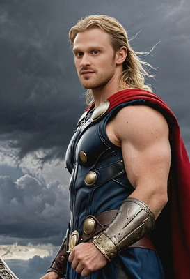 Thor, in a stormy Asgardian sky