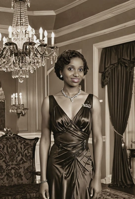 in 1930s satin gown, standing by a grand chandelier, captured in sepia
