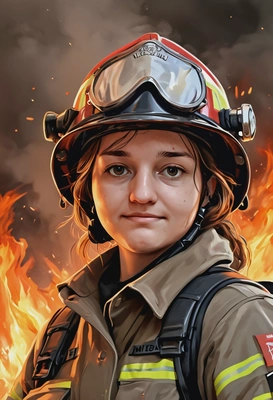 @me as a brave firefighter in full gear, blurred burning flames in the background, smiling, looking directly into the camera, high-quality stylized art, cartoonish style, big round eyes, visible brushstrokes