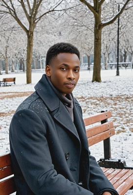 as a man in a long coat, sitting on a park bench in the snow, staring at the frost-covered trees
