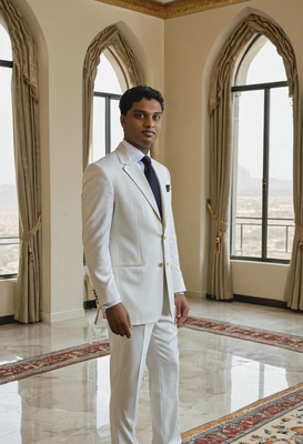 standing by a floor-to-ceiling window in a grand room, in silk white suit