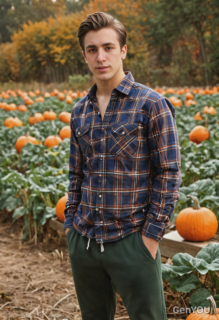 in a flannel shirt and joggers standing in a pumpkin patch. Sharp skin texture, soft lighting, blurred background.