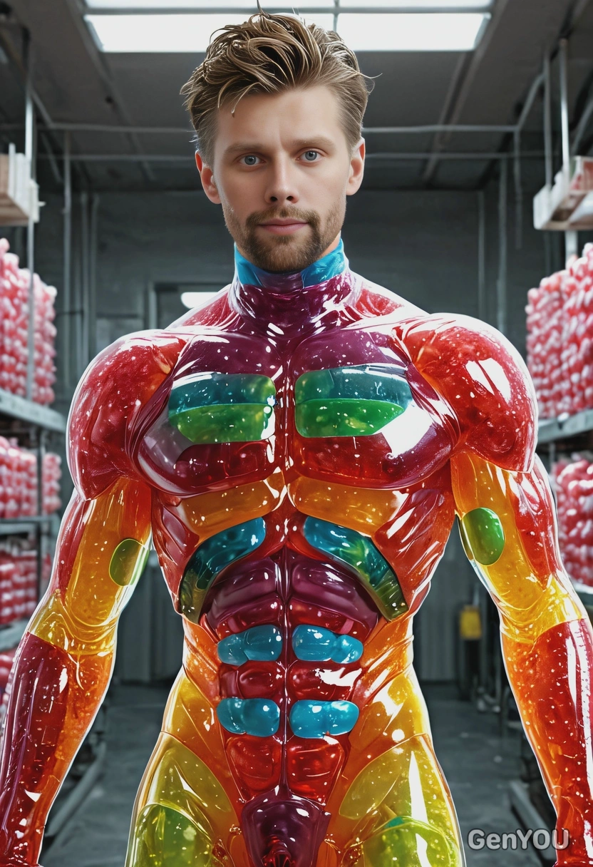 As a humanoid made entirely of jelly, inside a candy factory, looking directly at you, vivid colors, symmetrical clothing details, video game style, high-quality stylized art