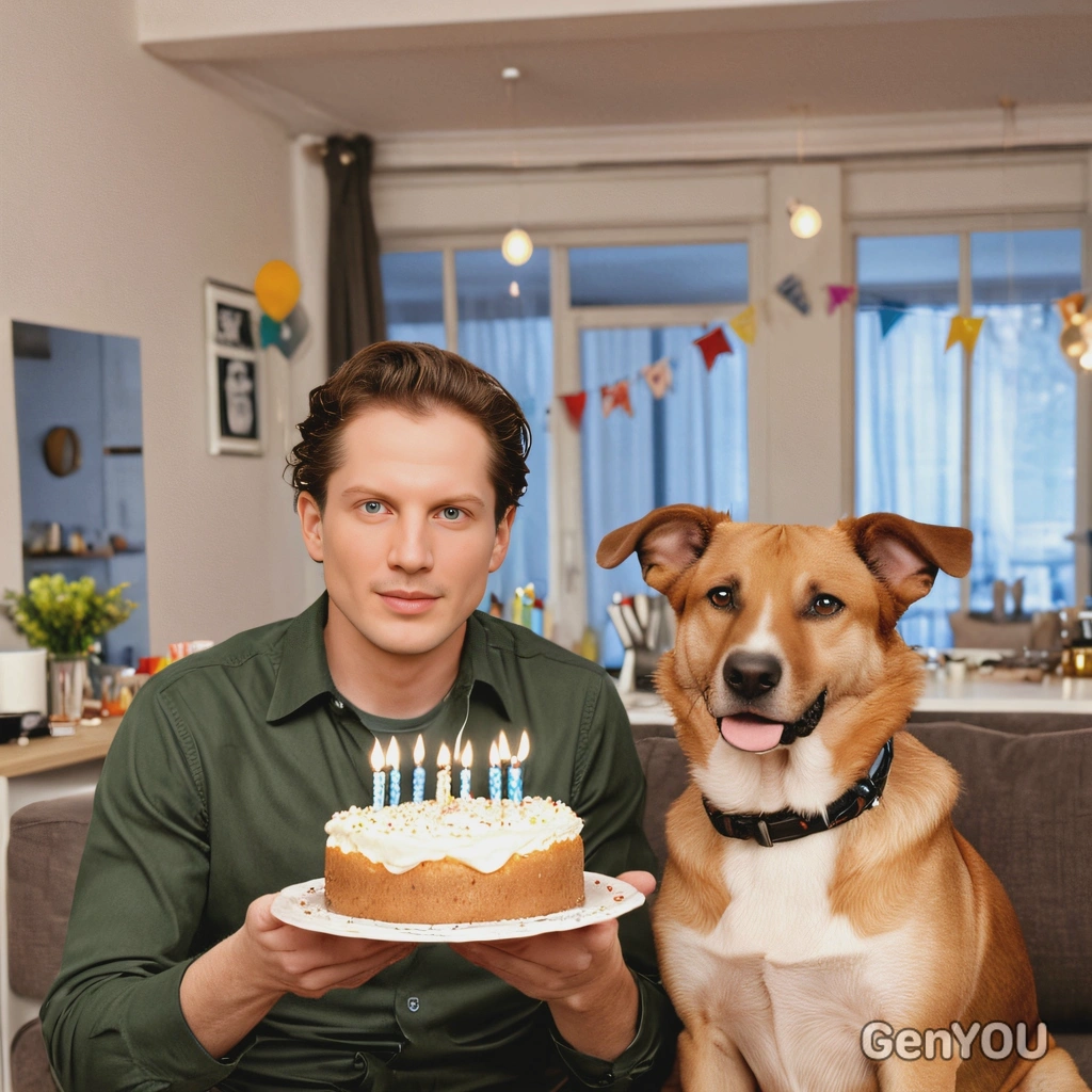 hosting a birthday party for his cute dog in  a modern apartment, soft focus, blurred background 