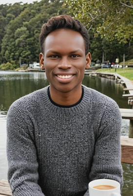 mid-shot, smiling, in a casual knit sweater, sitting with a coffee at a lakeside bench