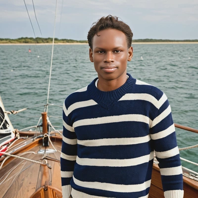 mid-shot, in a nautical striped sweater, on a vintage wooden sailboat