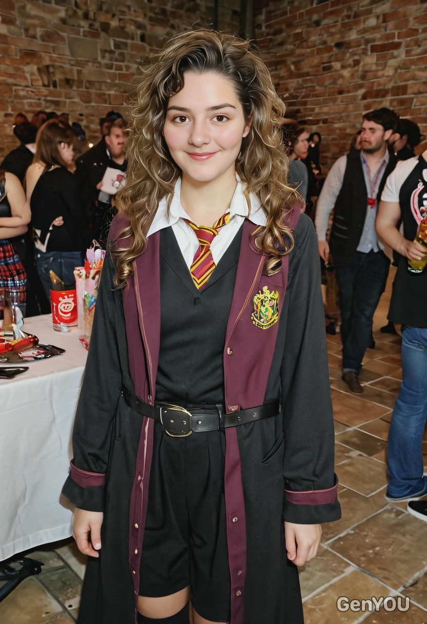 Dressed as Hermione Granger from Hogwarts, at a costume party