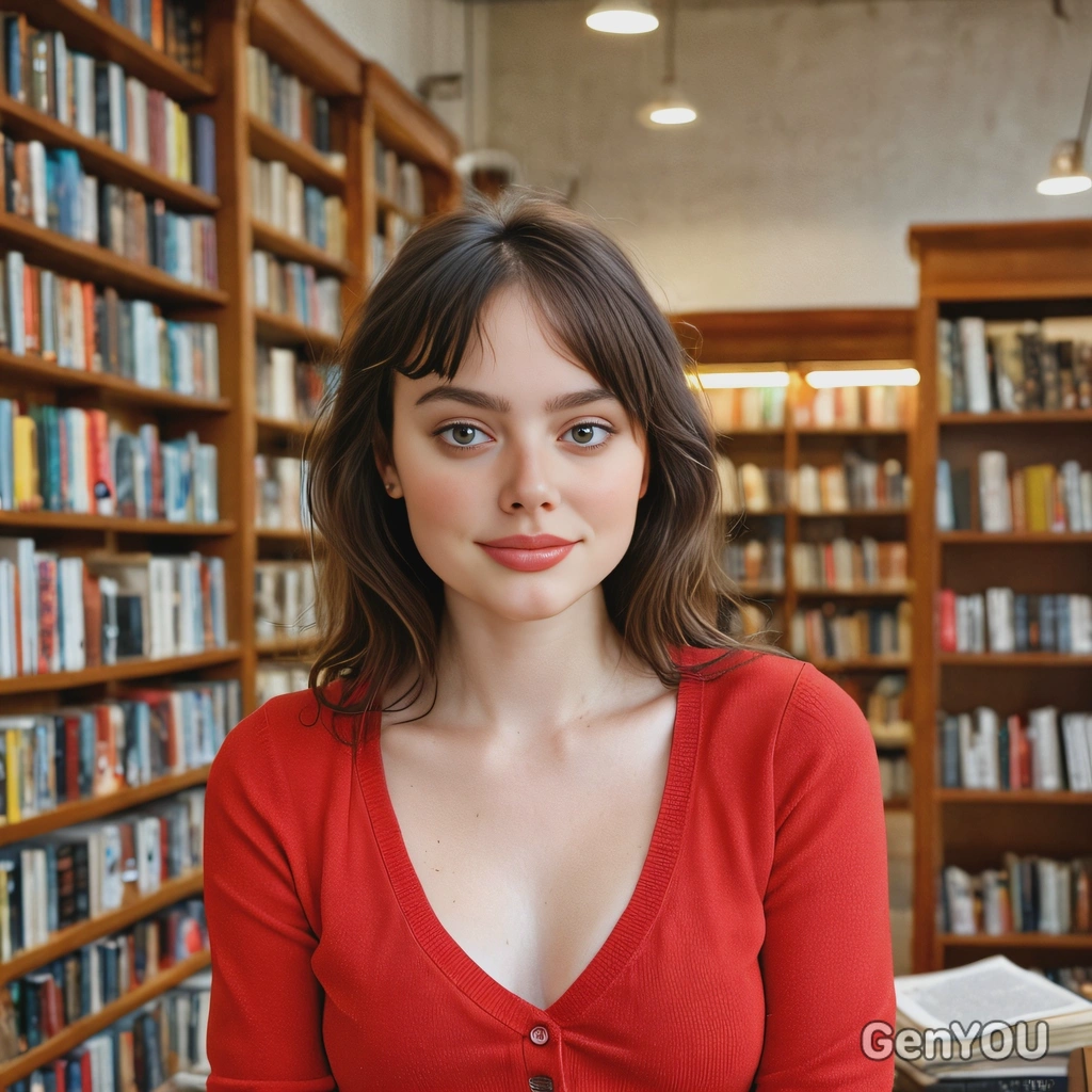 in a cozy bookstore, wearing a red blouse soft focus, blurred background, looking at viewer, midday indoor lighting, sharp skin texture