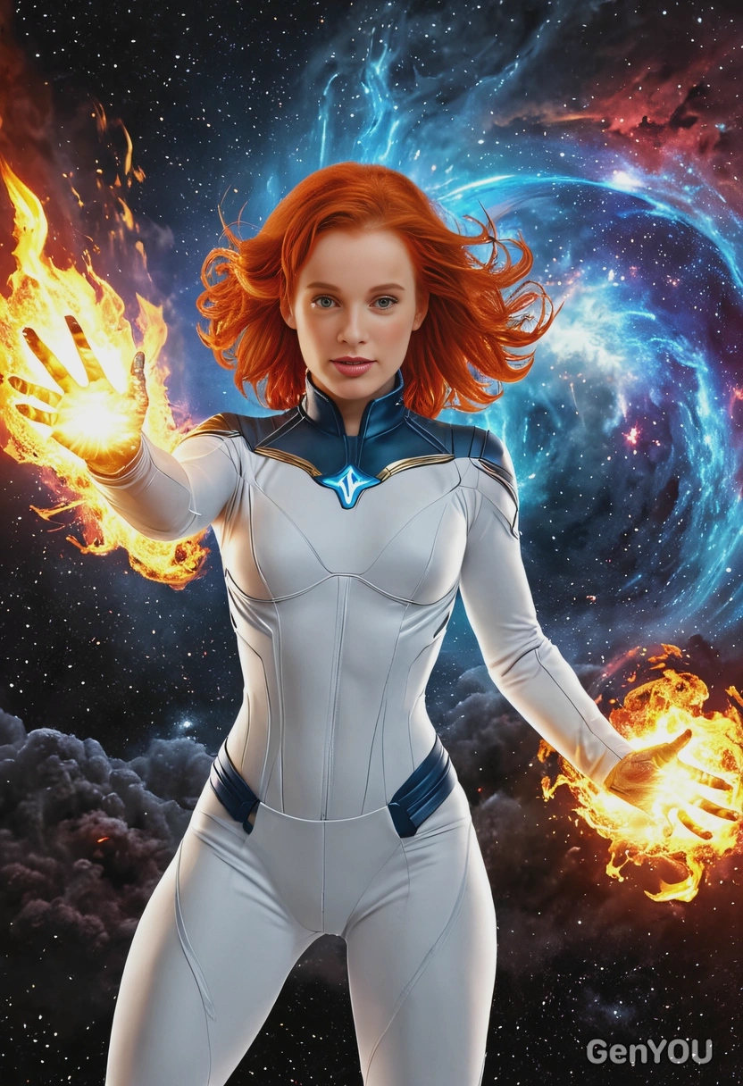 Jean Grey surrounded by a fiery Phoenix aura, in space